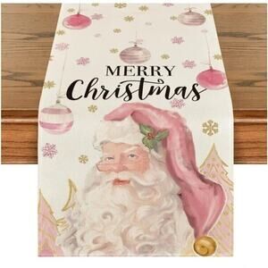 Soft‎ Pink Santa Christmas Table Runner 72"x13" Trees Merry Christmas